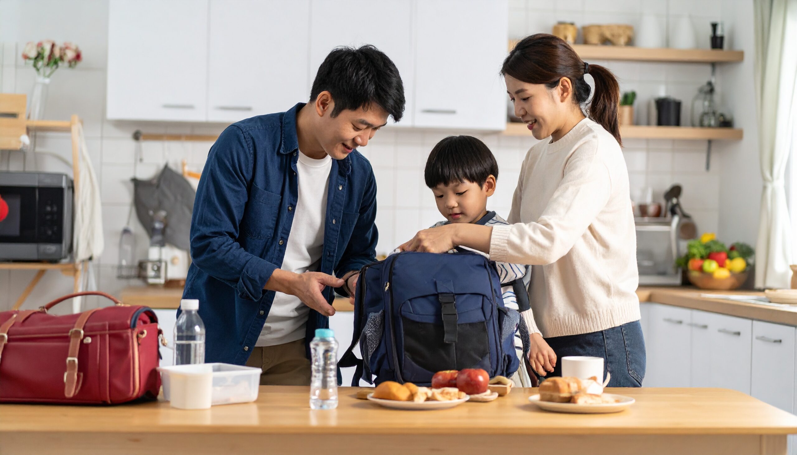 <img src="画像URL" alt="朝のキッチンで日本人の両親が保育園の準備をしている様子。" />
