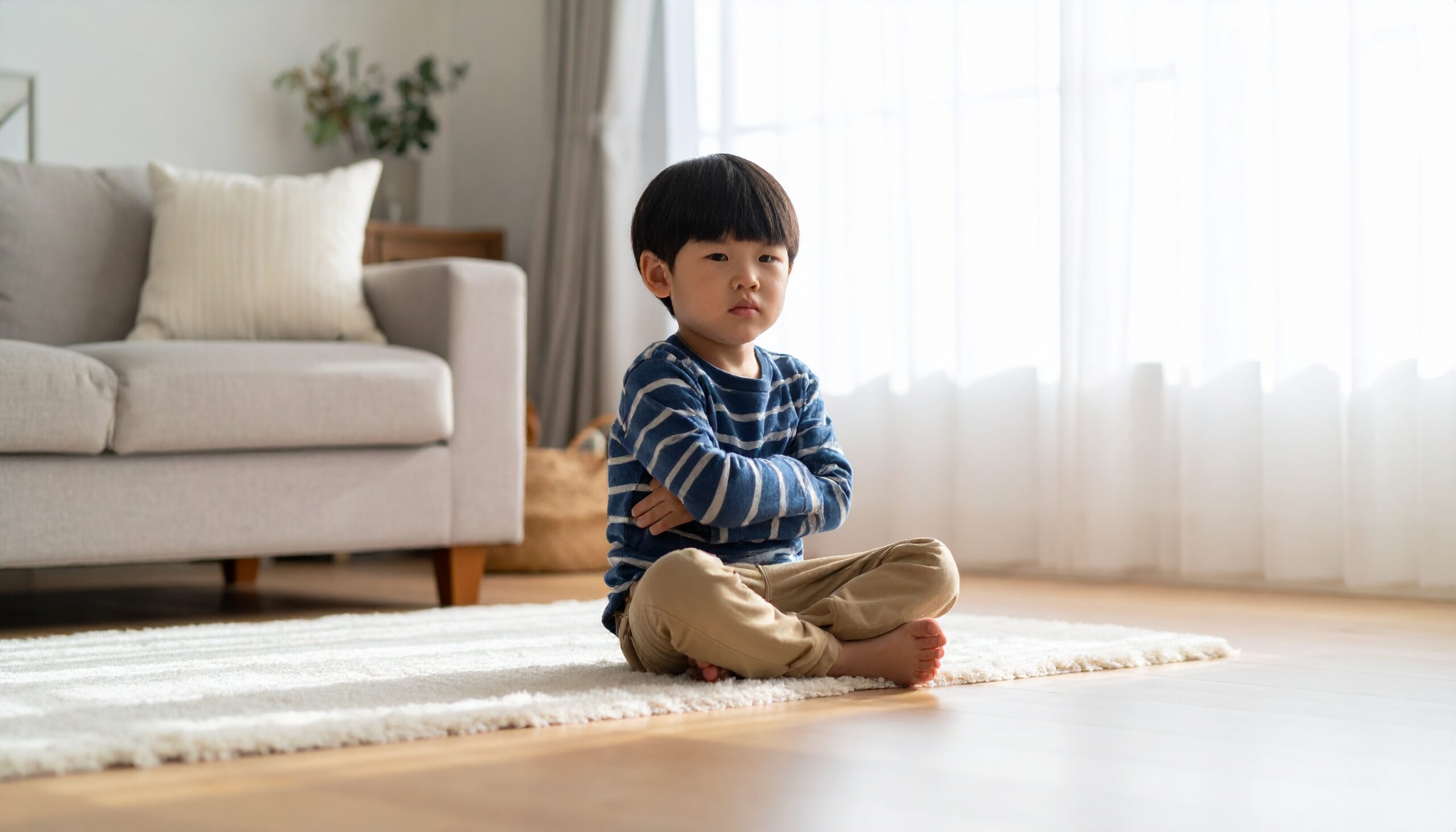 alt="家の中で床に座り、腕を組んでふくれている3歳の日本人の子ども。軽い癇癪を起こしている様子。柔らかな自然光の室内"
