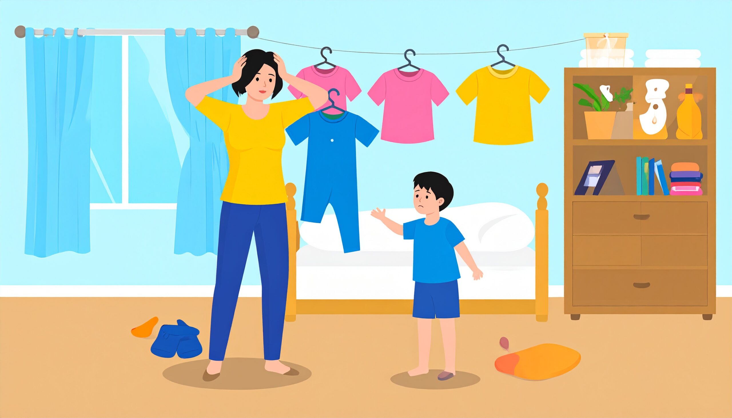 <img src="clothes-fitting-fail.jpg" alt="サイズが合わずに困っている親子のコミカルなイラスト">
